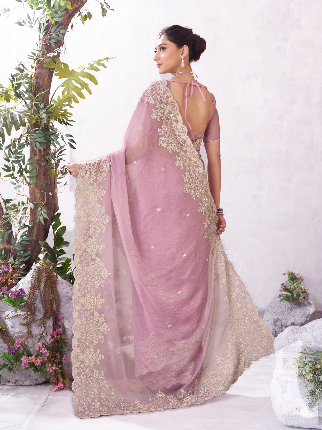 Pink stylish embroidered saree