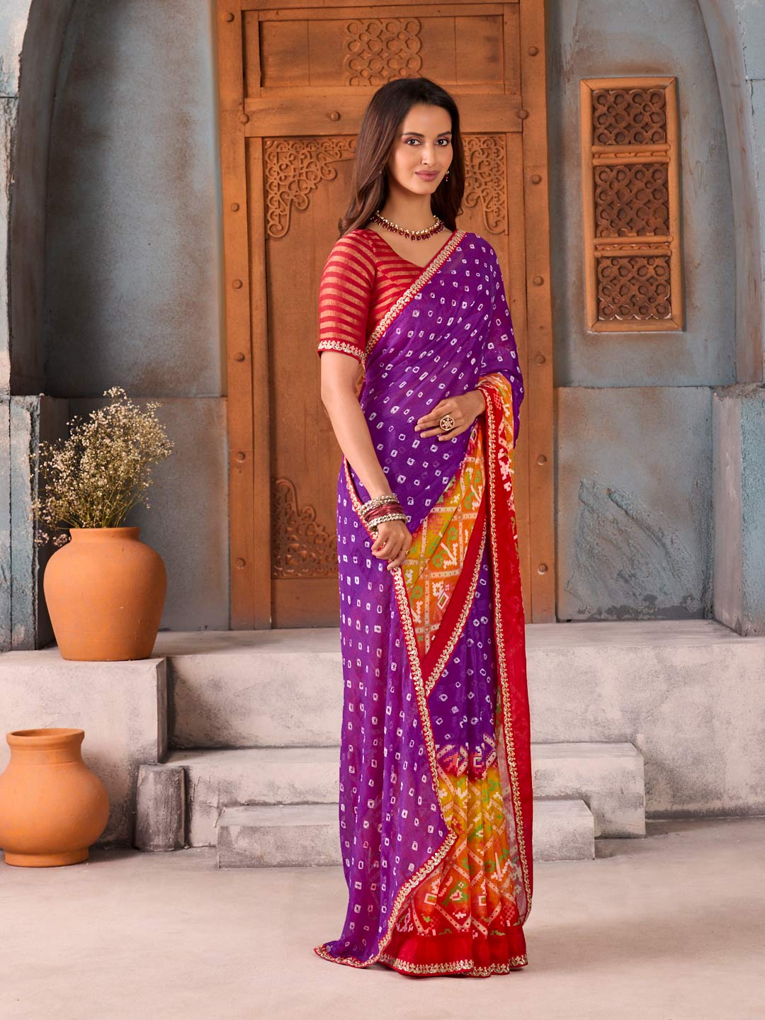 Purple bandhani printed silk blend saree wedding wear