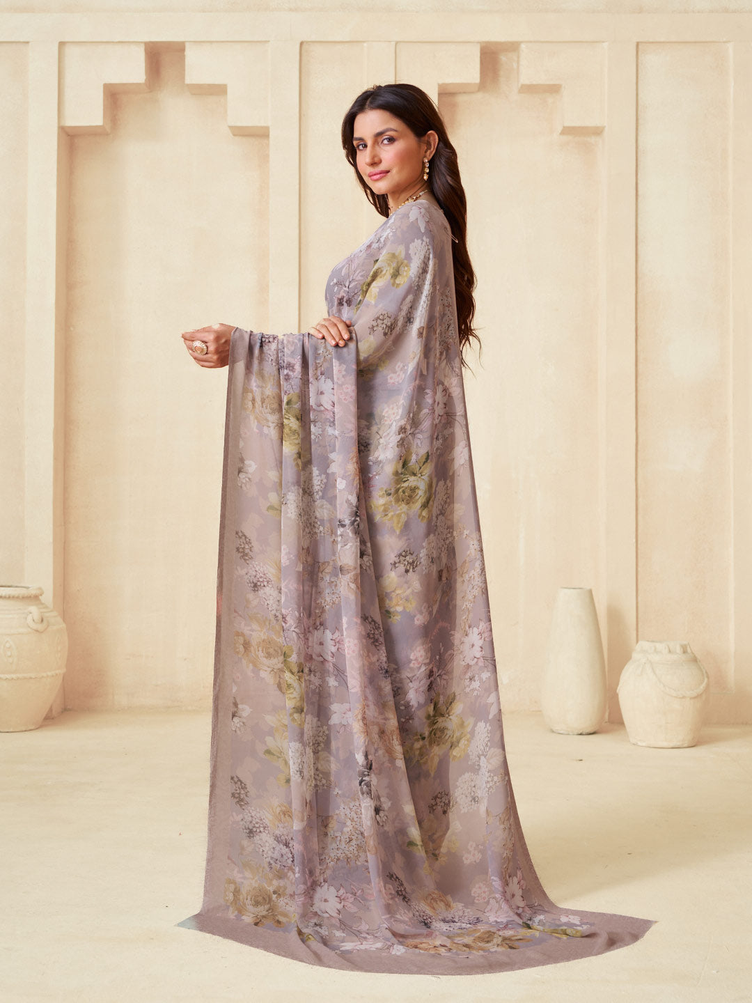 Brown printed saree casual style