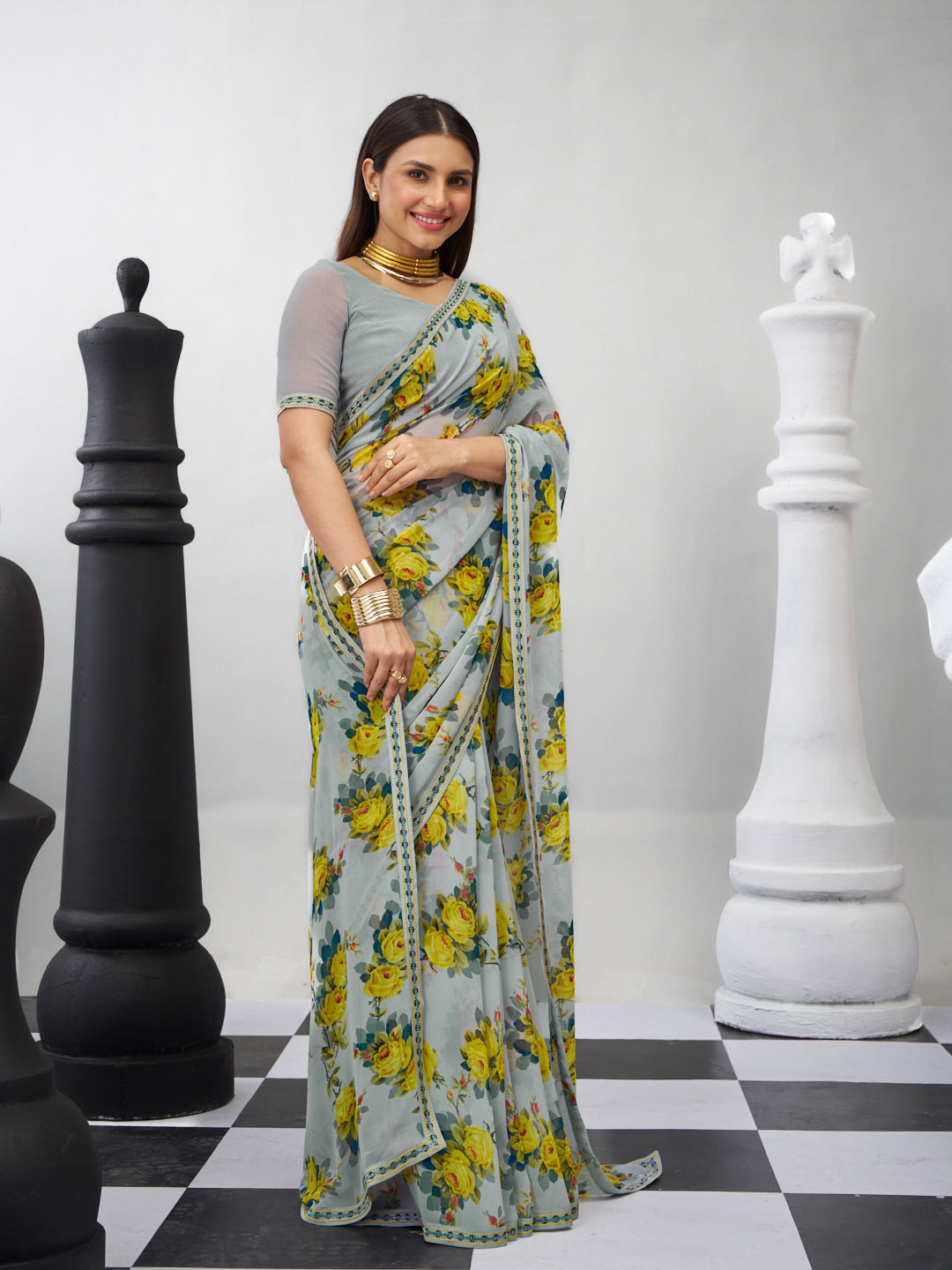 Grey floral printed georgette saree stylish wear
