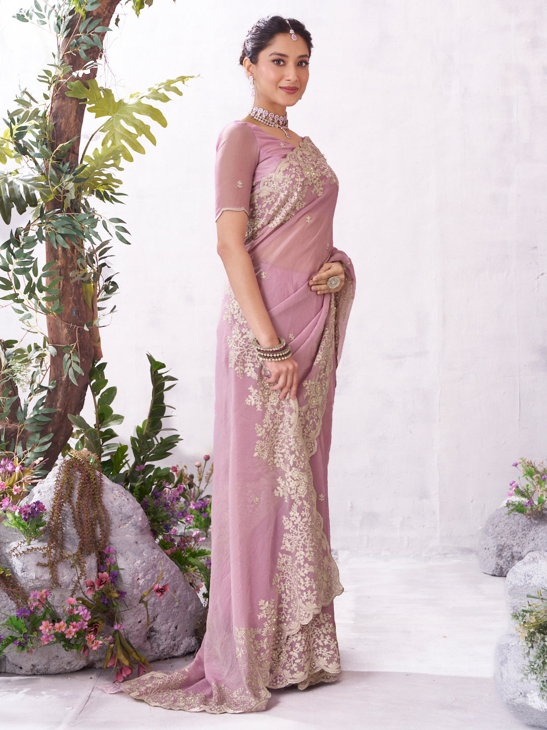 Pink designer embroidery saree festive style