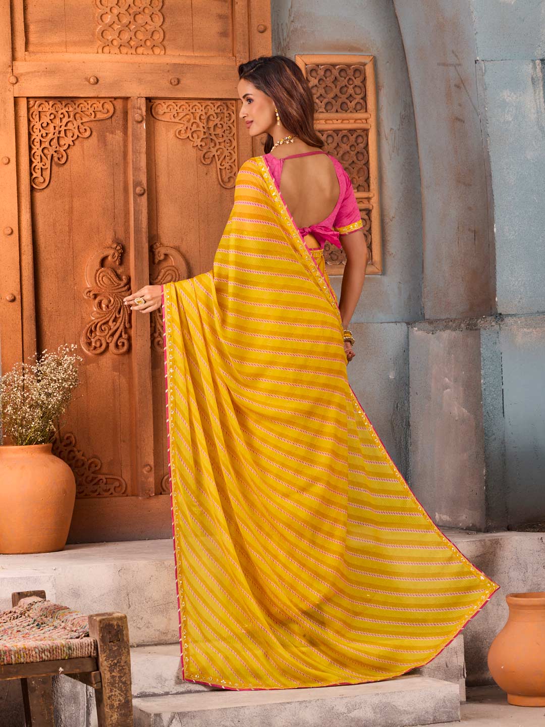 Yellow striped silk blend saree festive wear