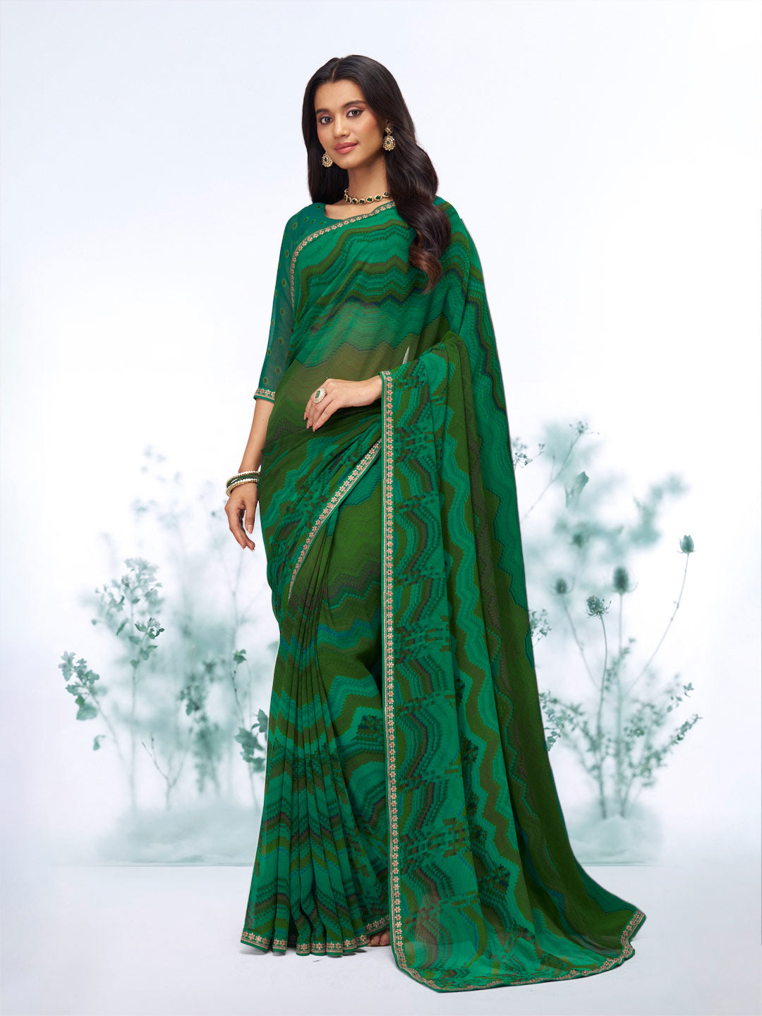 Green geometric printed georgette saree festive wear