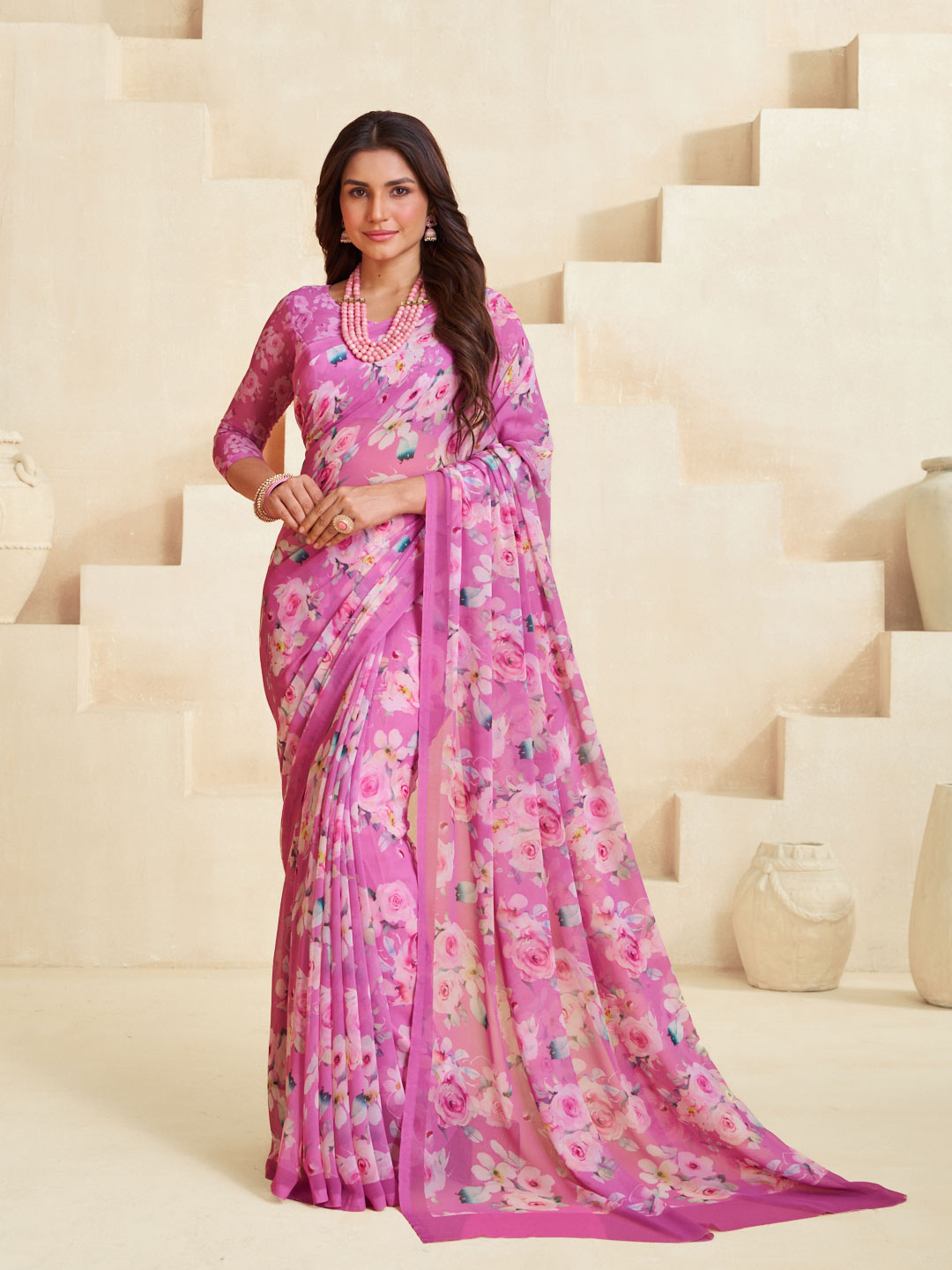 Pink floral printed georgette saree stylish look