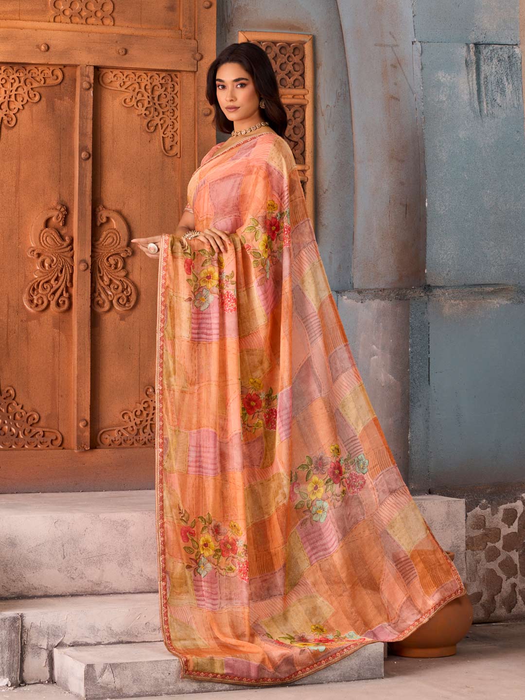 Orange patchwork floral printed chiffon saree festive wear