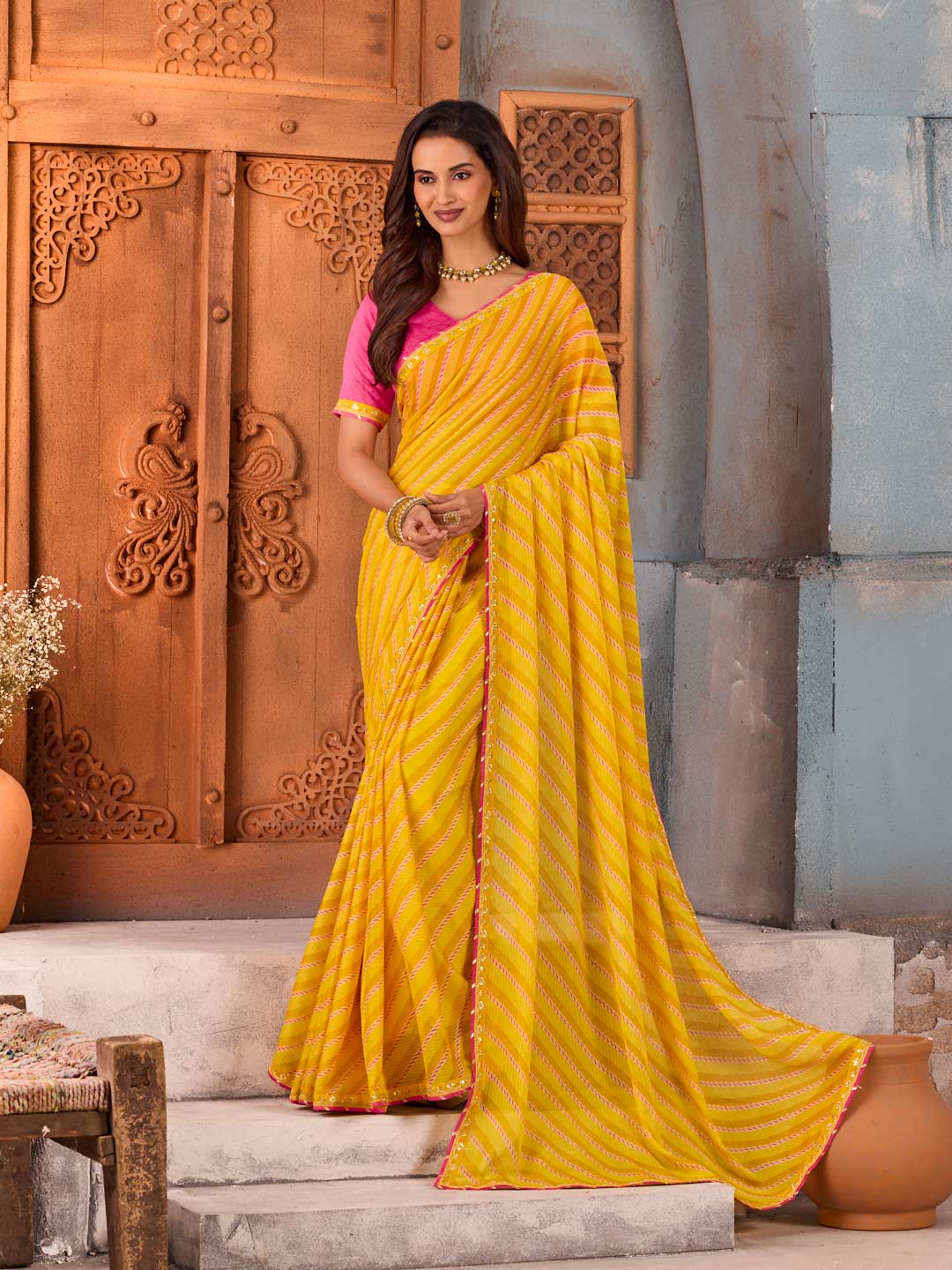 Yellow striped silk blend saree party wear