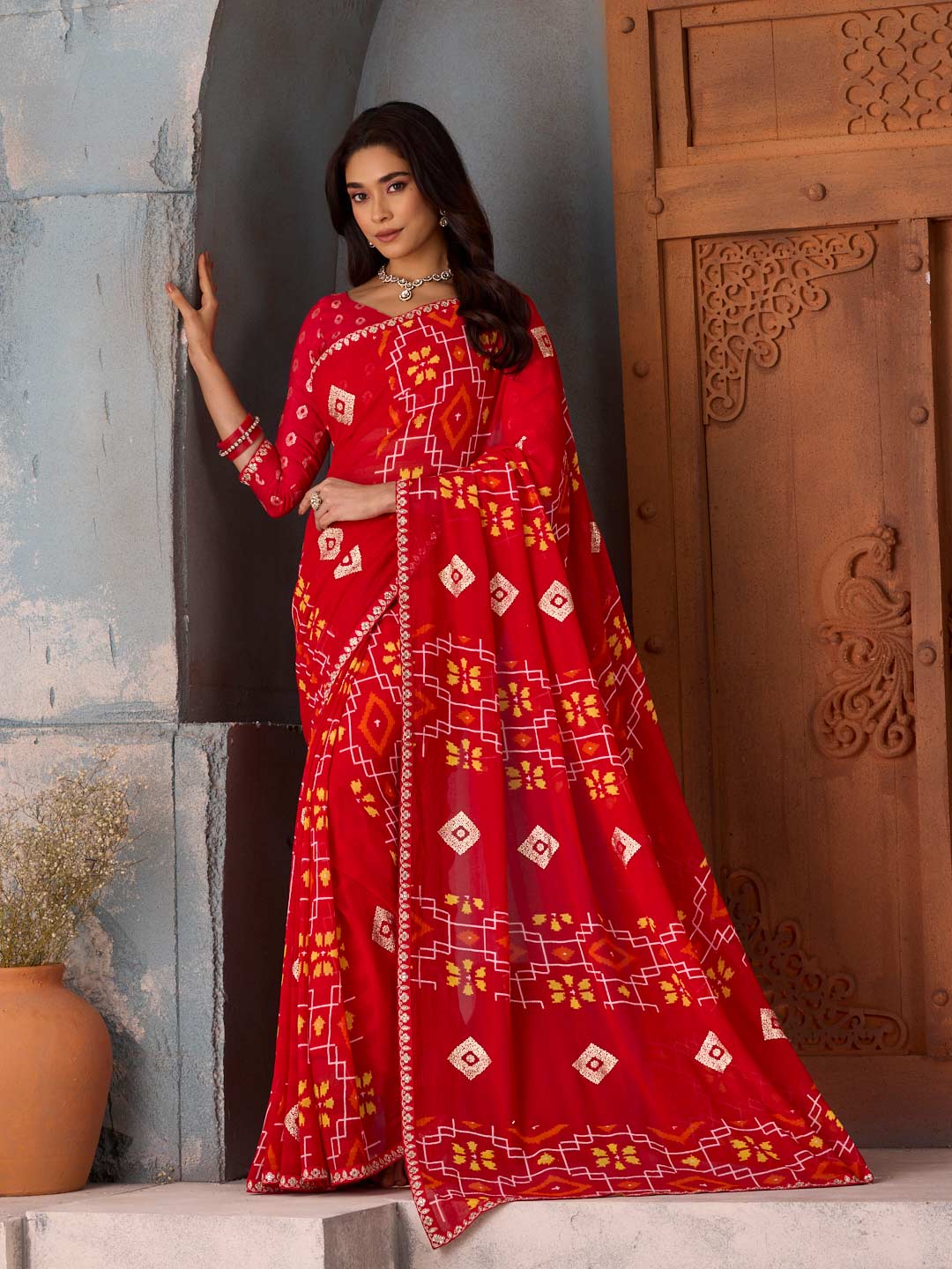 Red floral printed georgette saree party wear