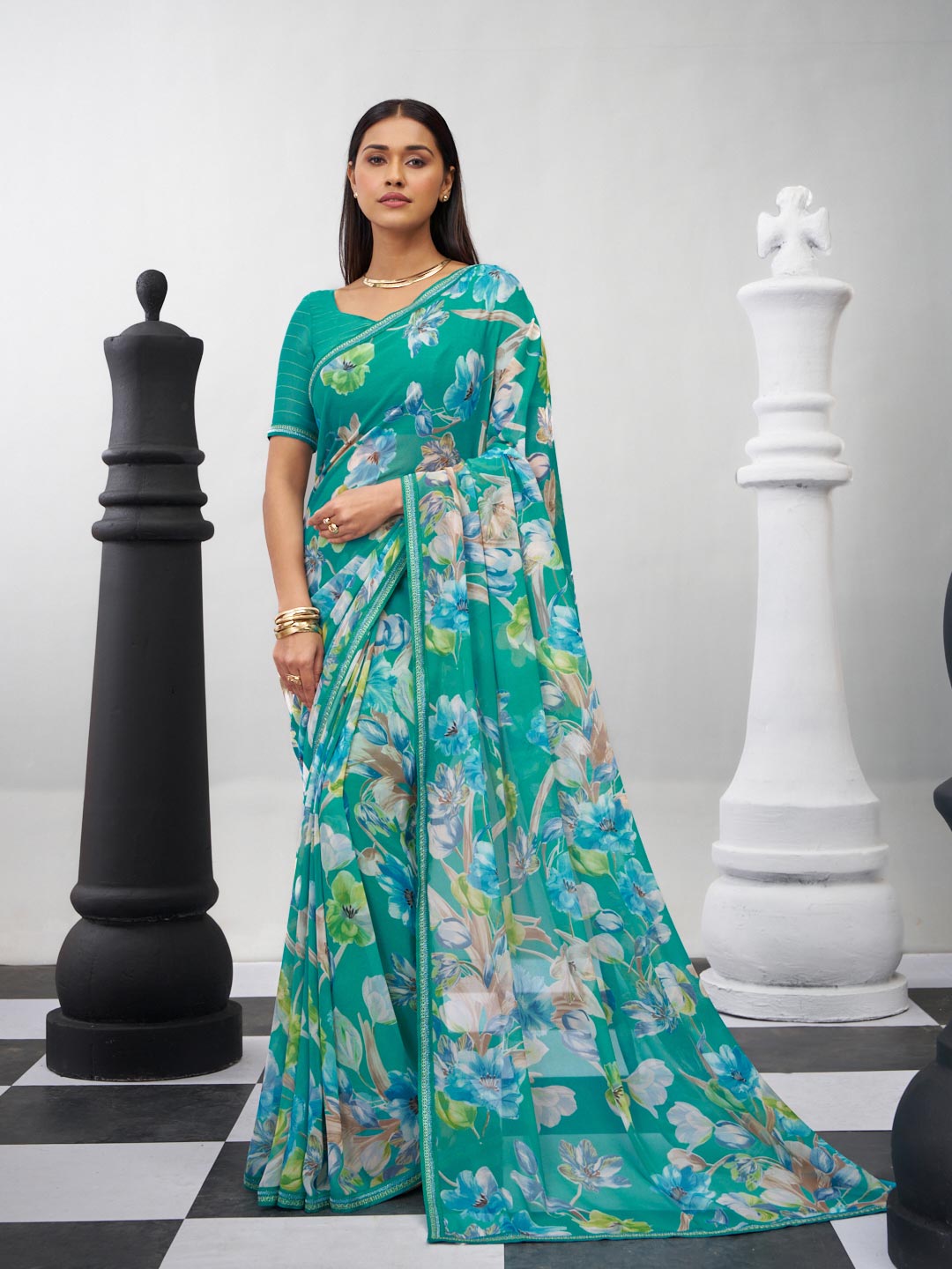 Green floral printed georgette saree trendy style