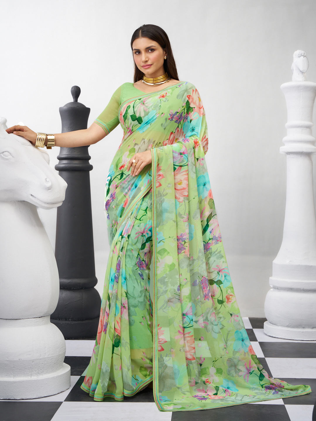 Green floral printed georgette saree daily wear