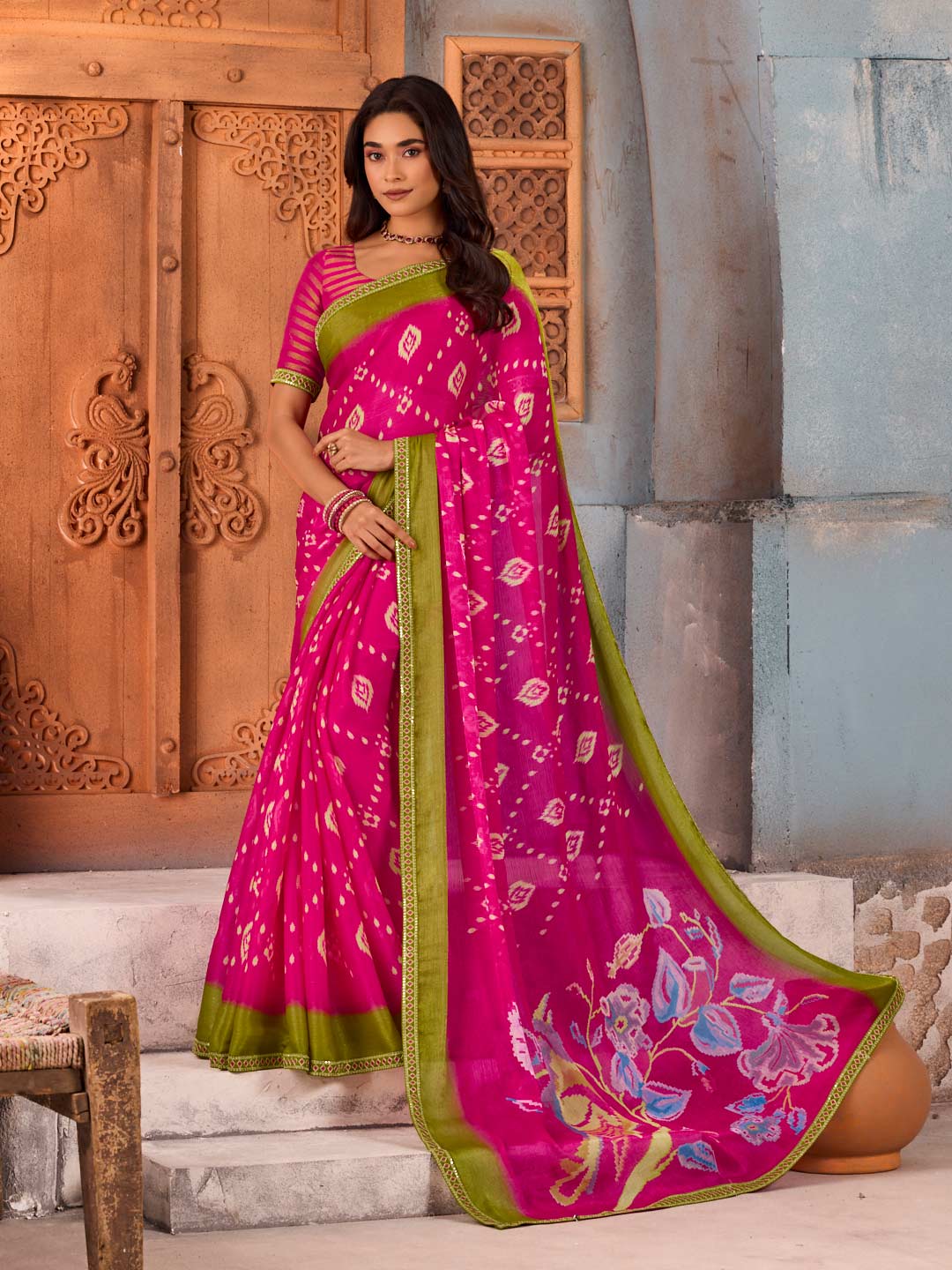 Pink floral printed chiffon saree festive wear