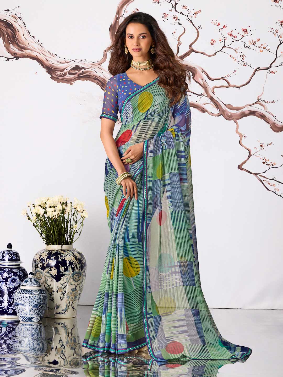 Blue abstract geometric printed georgette saree daily wear