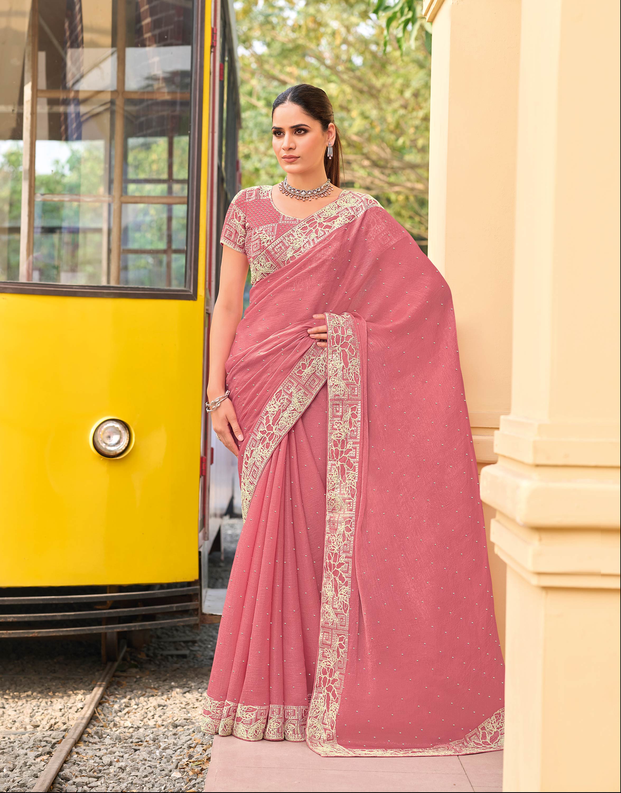Pink chiffon floral embroidered border saree