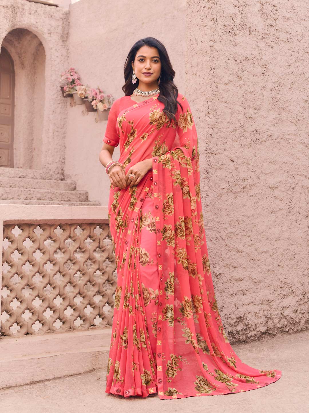 Pink georgette floral print saree