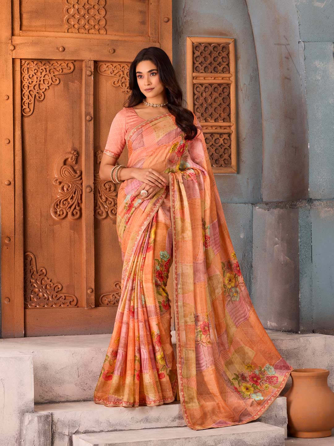Orange patchwork floral printed chiffon saree party wear