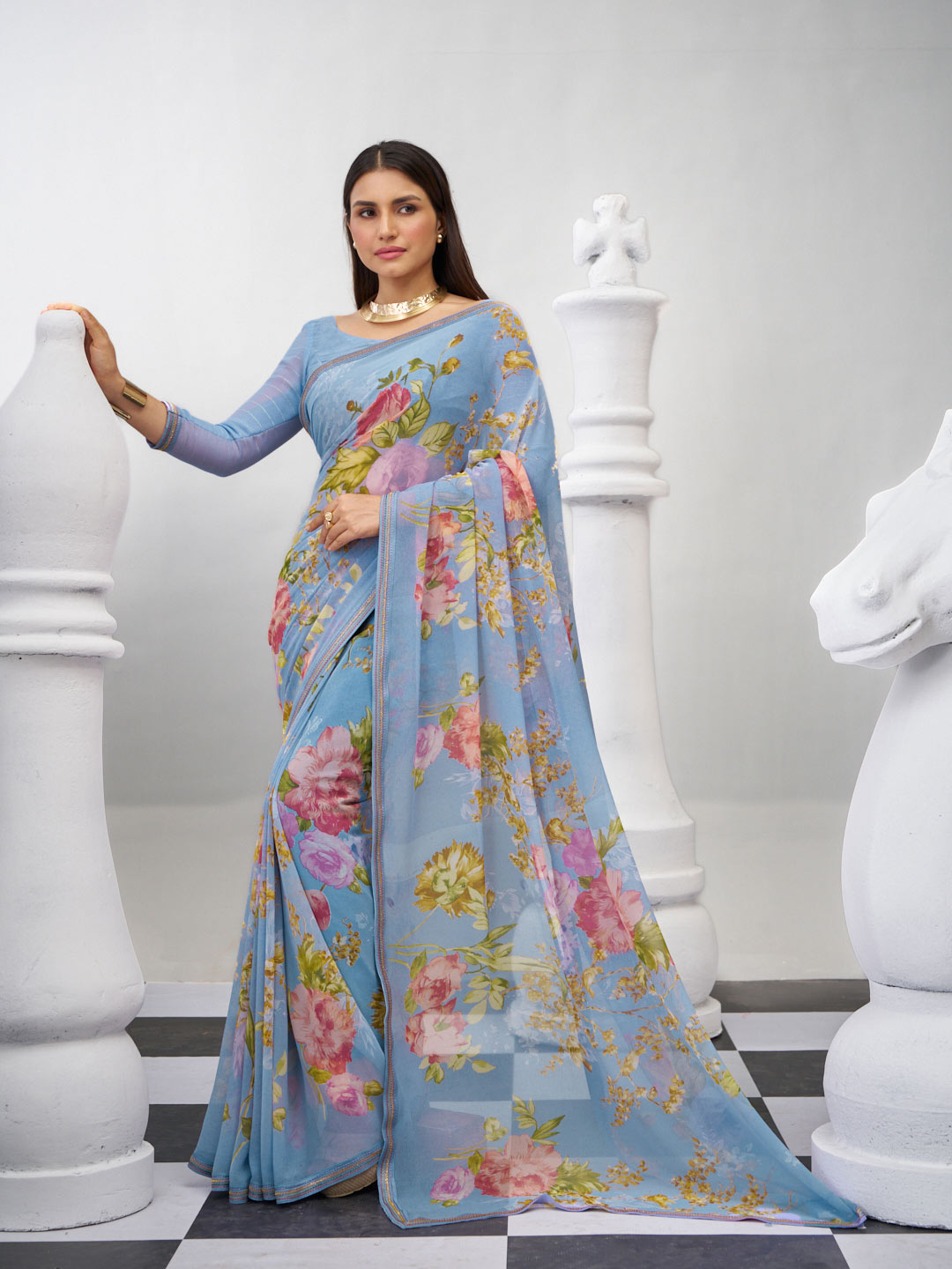 Blue floral printed georgette saree elegant style