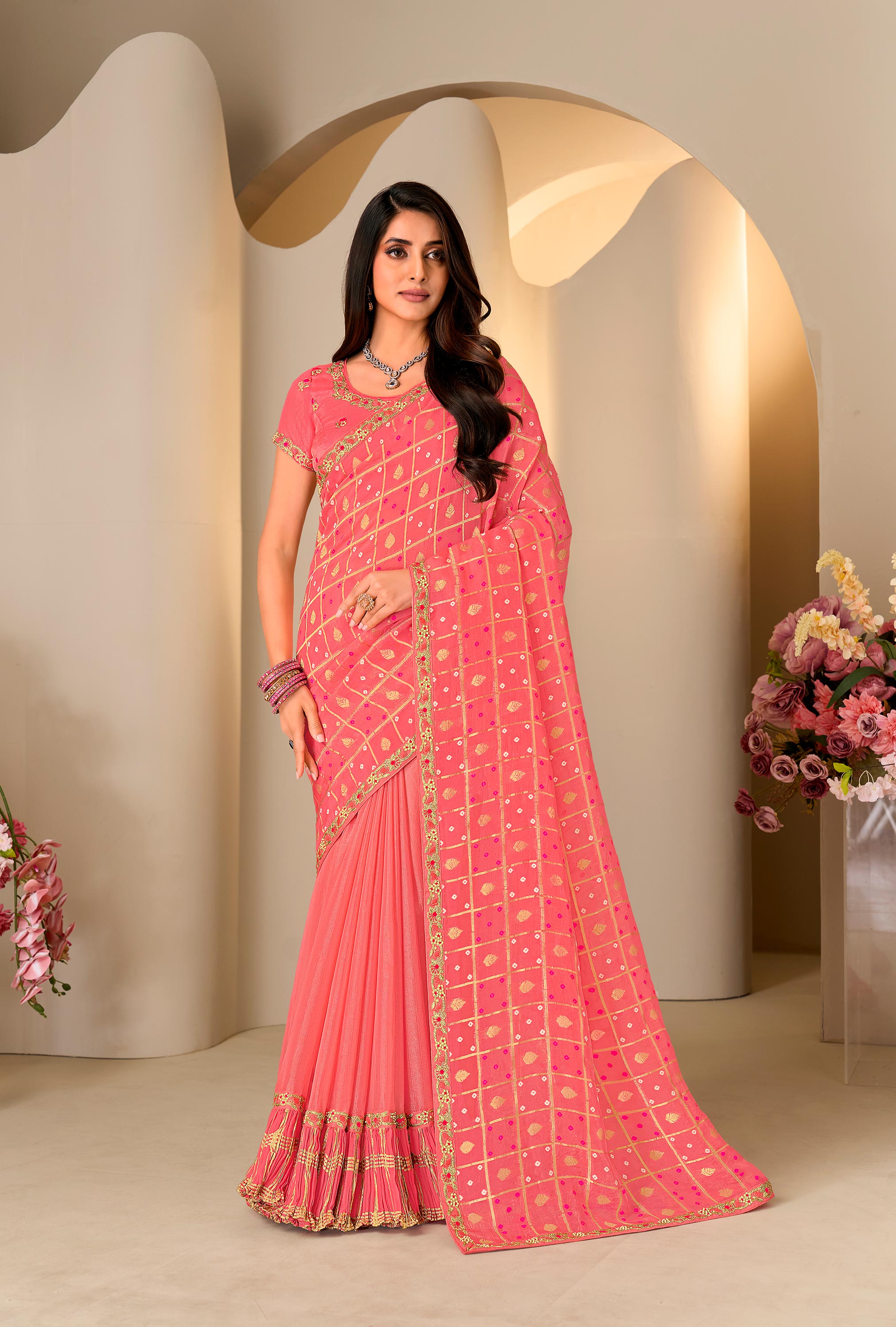 Pink floral embroidered chiffon saree party wear