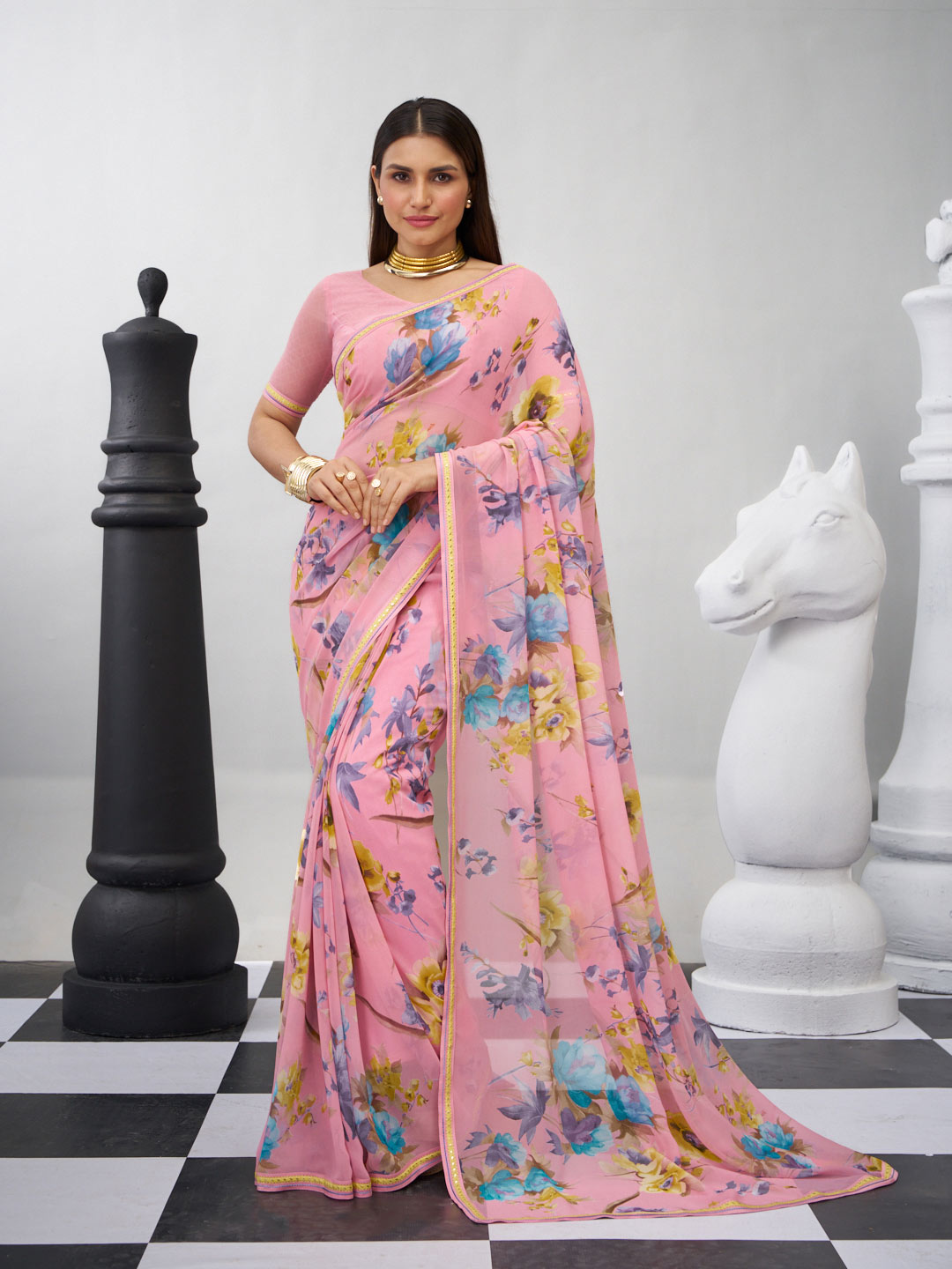 Pink floral printed georgette saree casual style