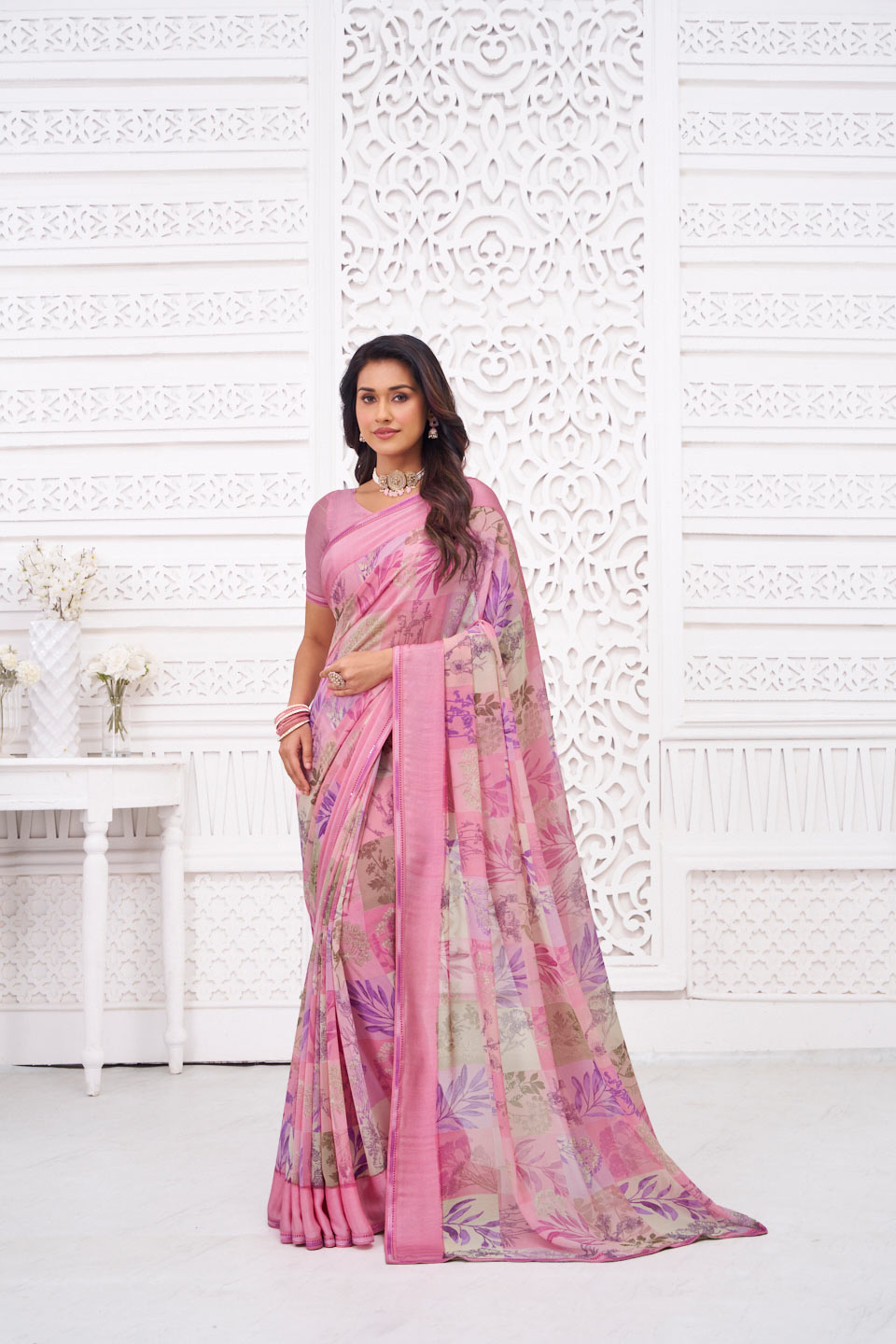 Pink georgette floral print saree