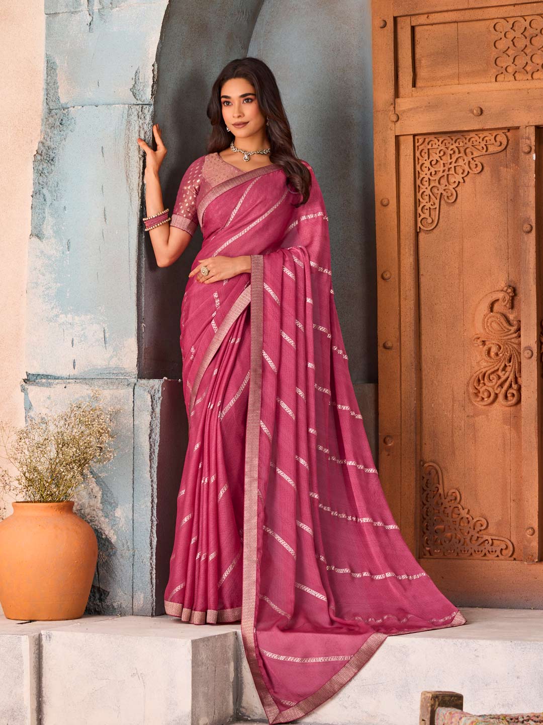 Pink striped silk blend saree party wear