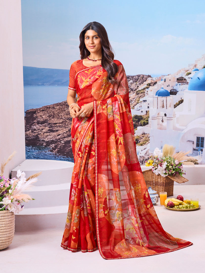 Red floral chiffon saree
