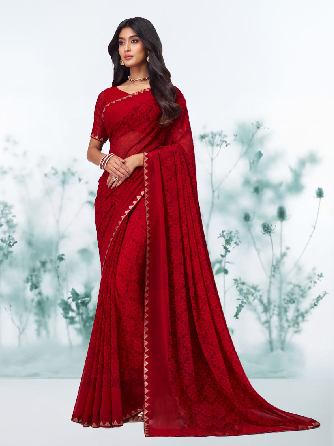 Red floral printed georgette saree festive wear