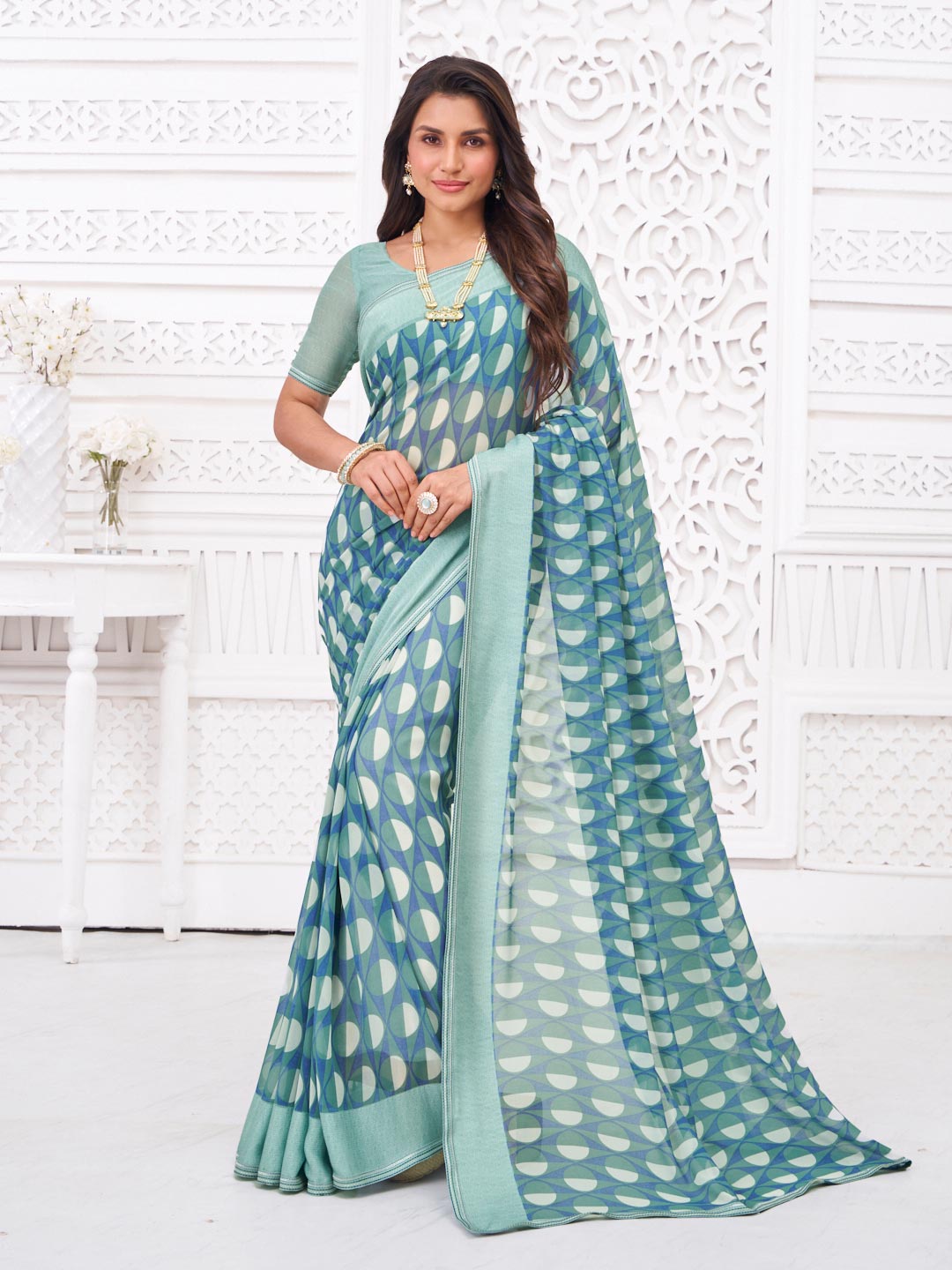 Blue georgette modern print saree