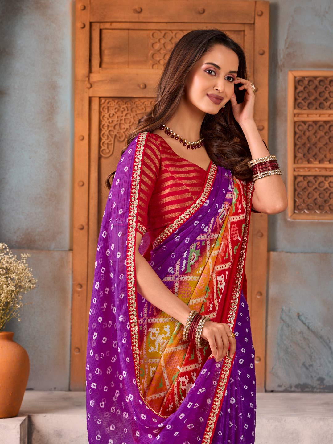 Purple bandhani printed silk blend saree daily wear