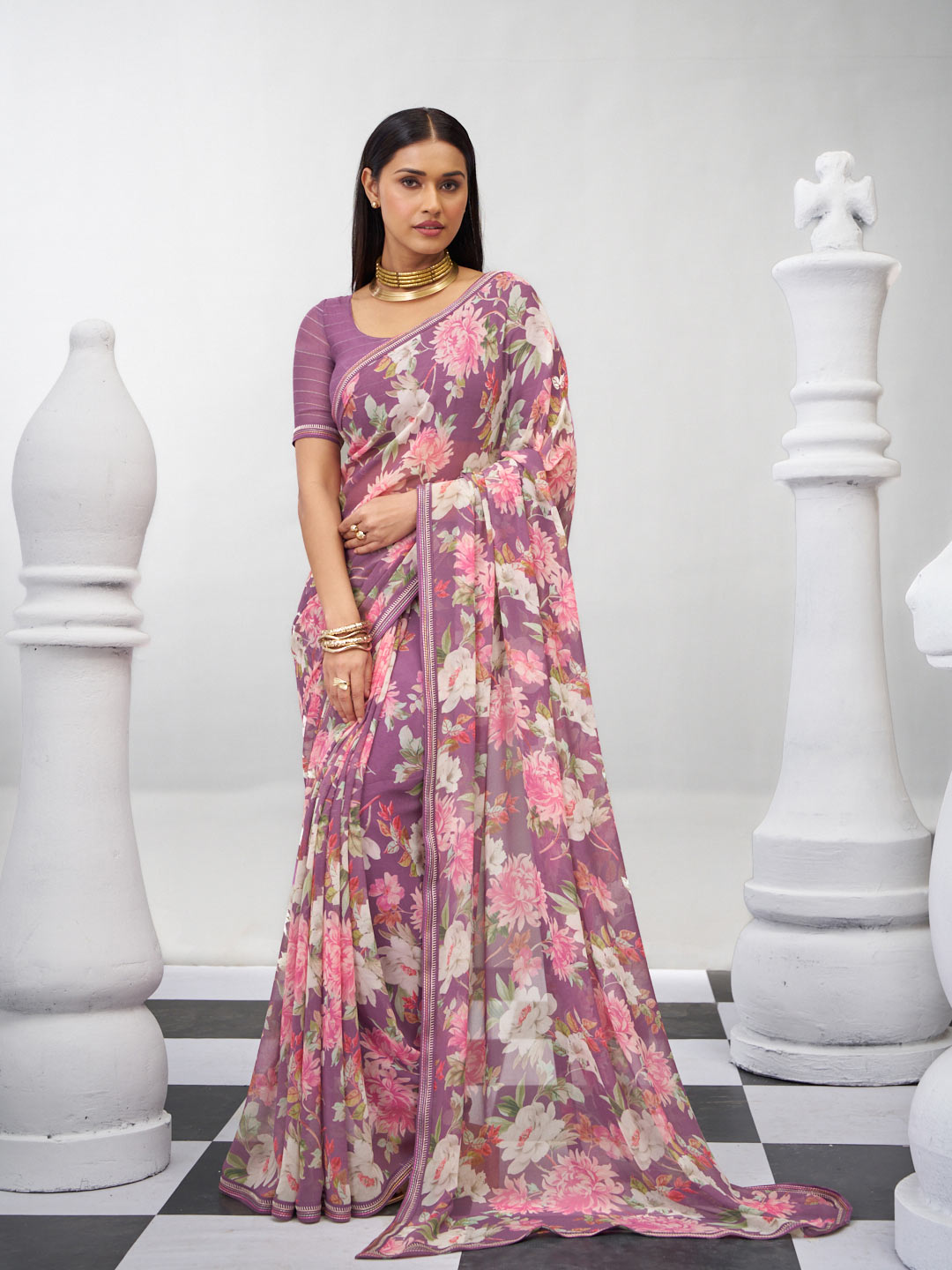 Purple floral printed georgette saree stylish look