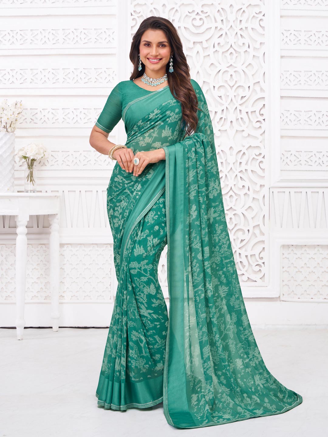 Green georgette floral print saree