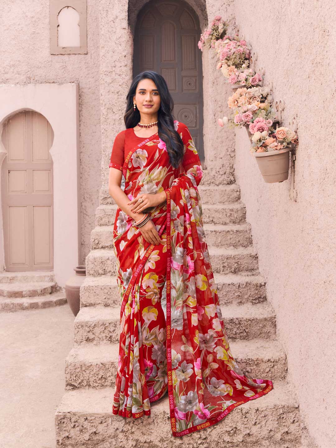 Red georgette floral print saree