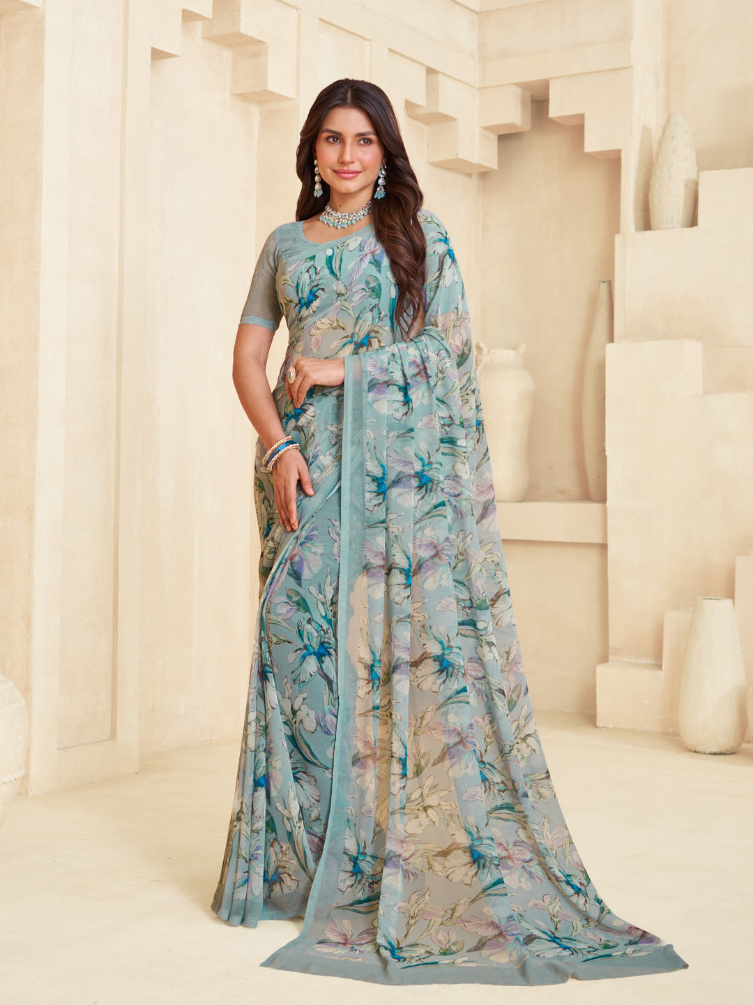 Grey floral printed georgette saree stylish wear