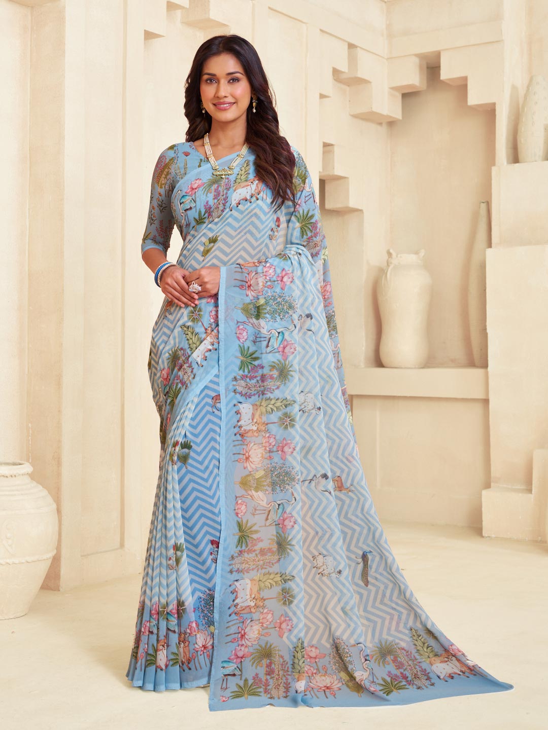 Blue zig zag floral printed georgette saree trendy look