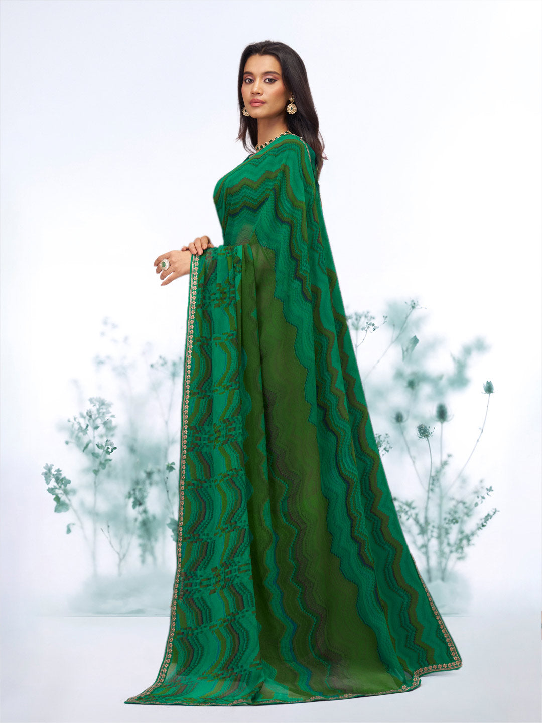 Green geometric printed georgette saree daily wear