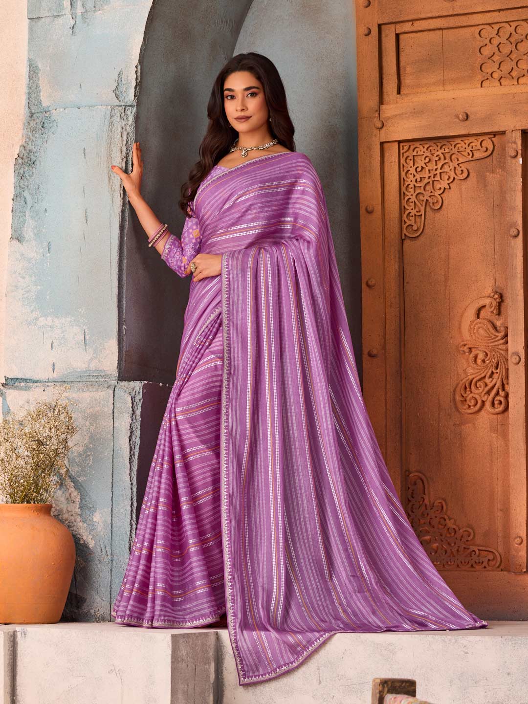 Purple striped silk blend saree party wear