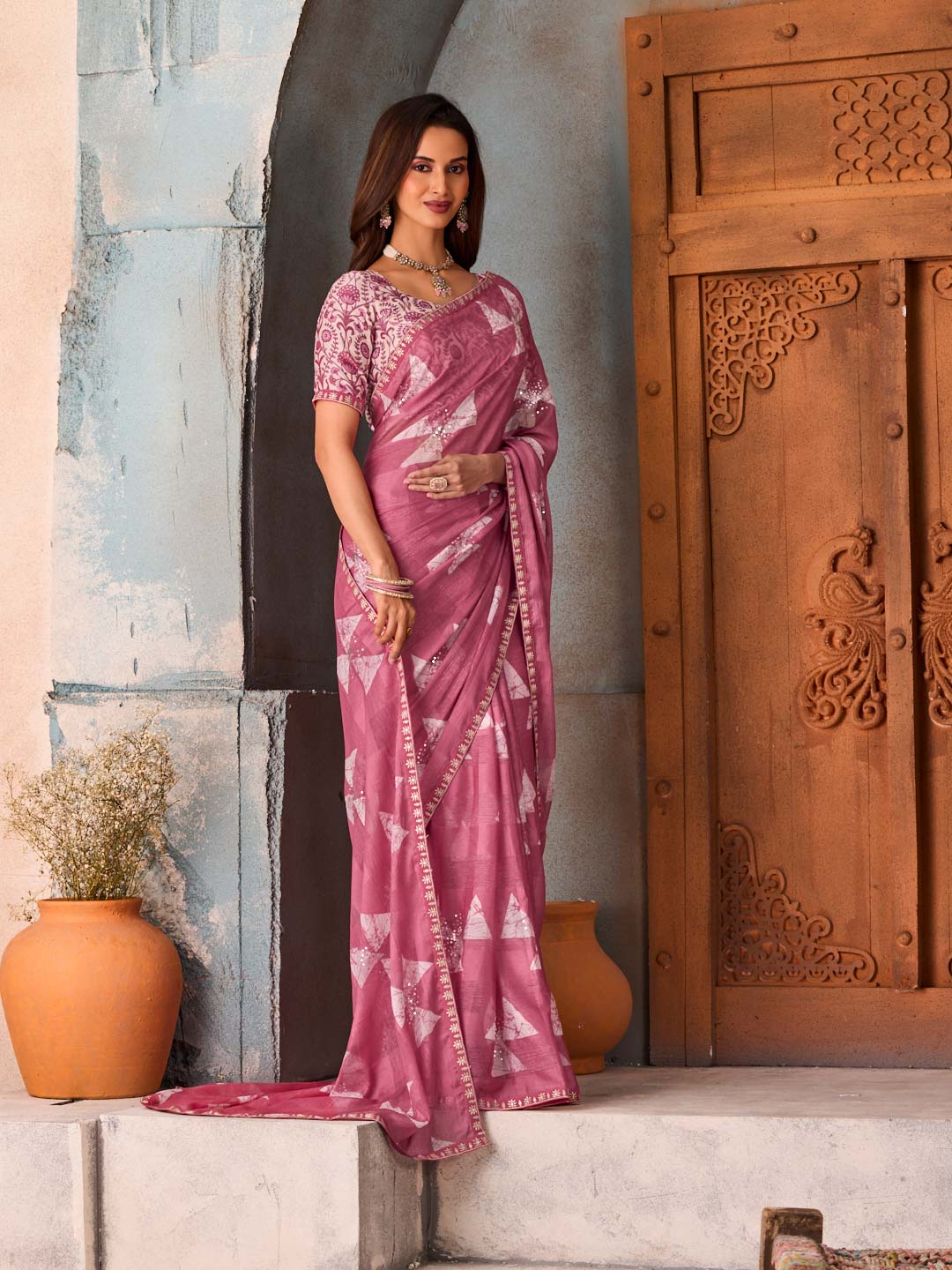 Pink geometric sequin chiffon saree festive wear