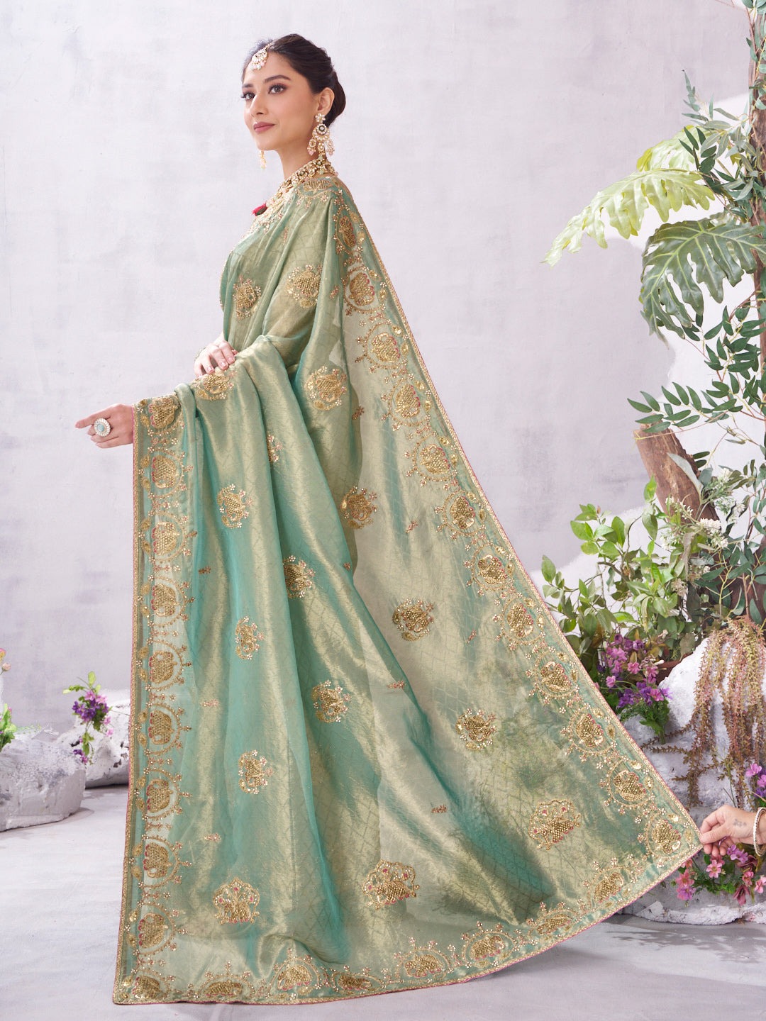 Green designer embroidery saree festive wear