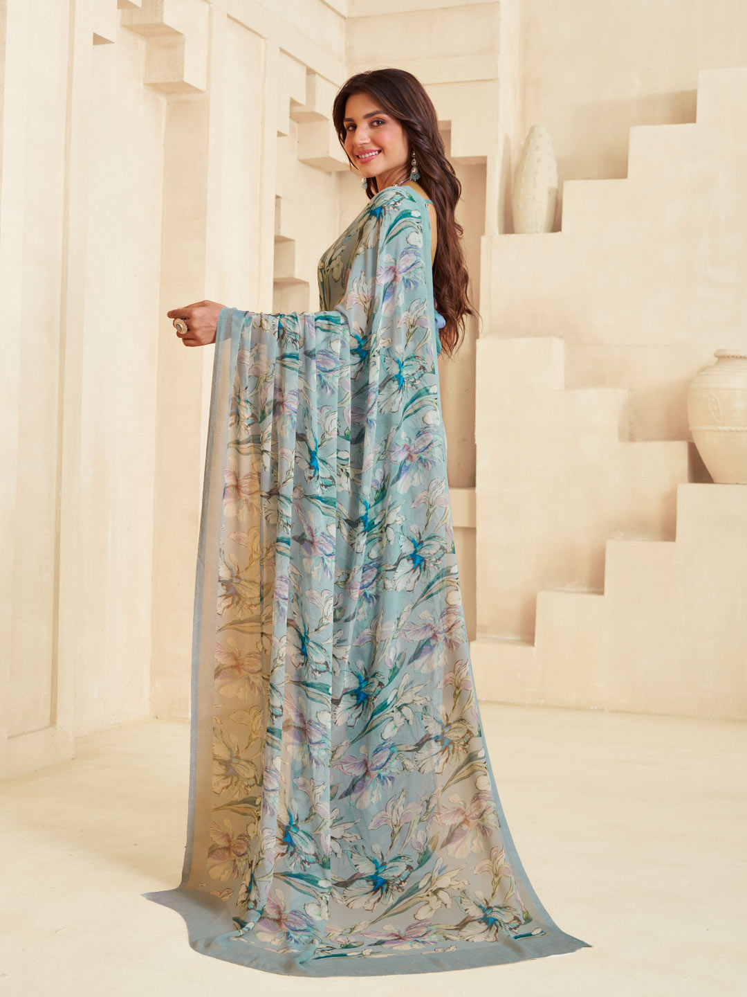 Grey printed saree daily wear