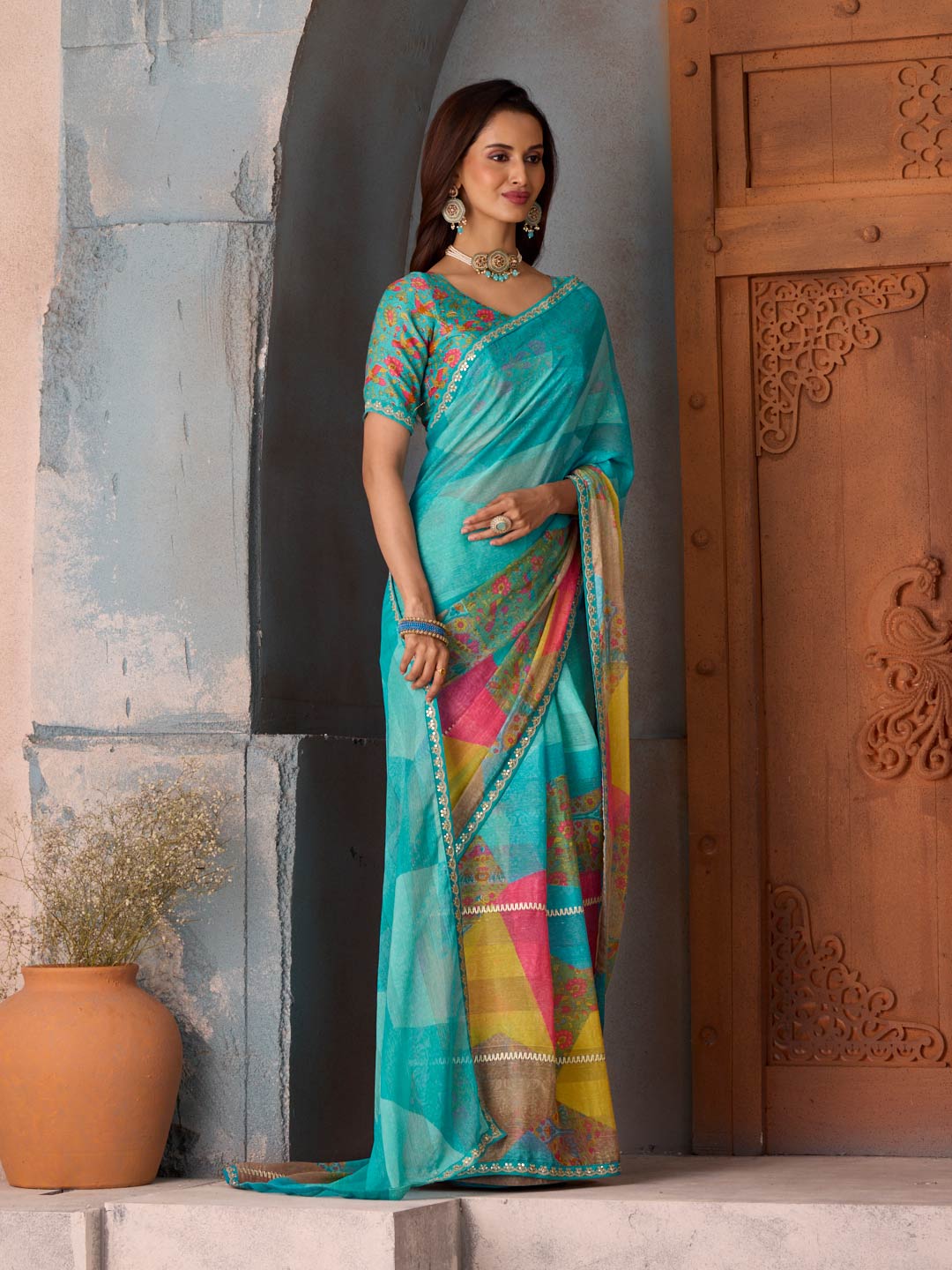 Blue embellished chiffon saree party wear