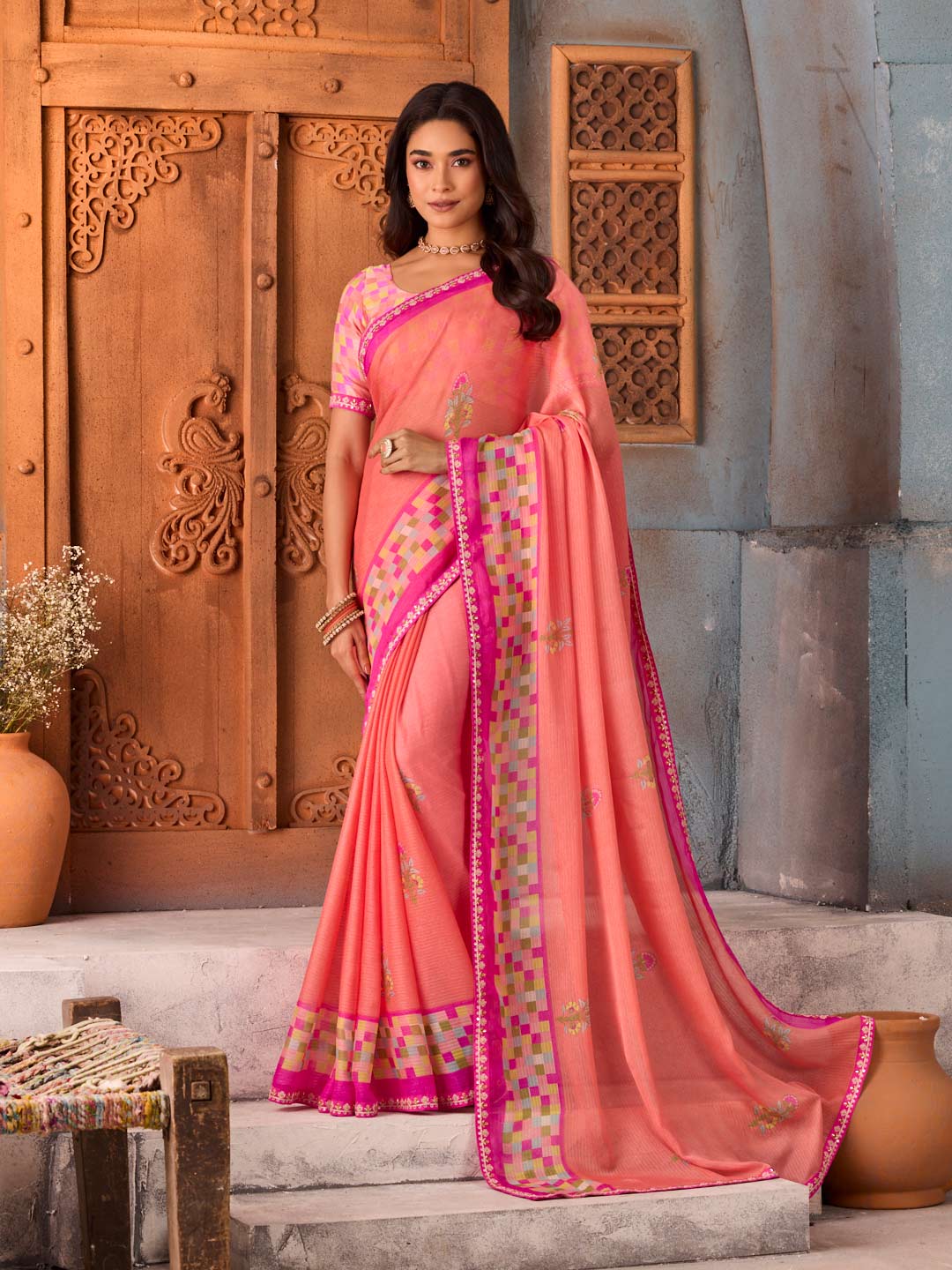 Pink floral printed silk blend saree party wear