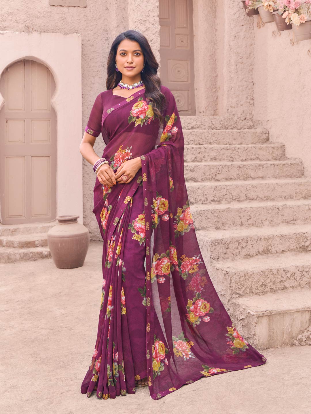 Wine georgette floral print saree