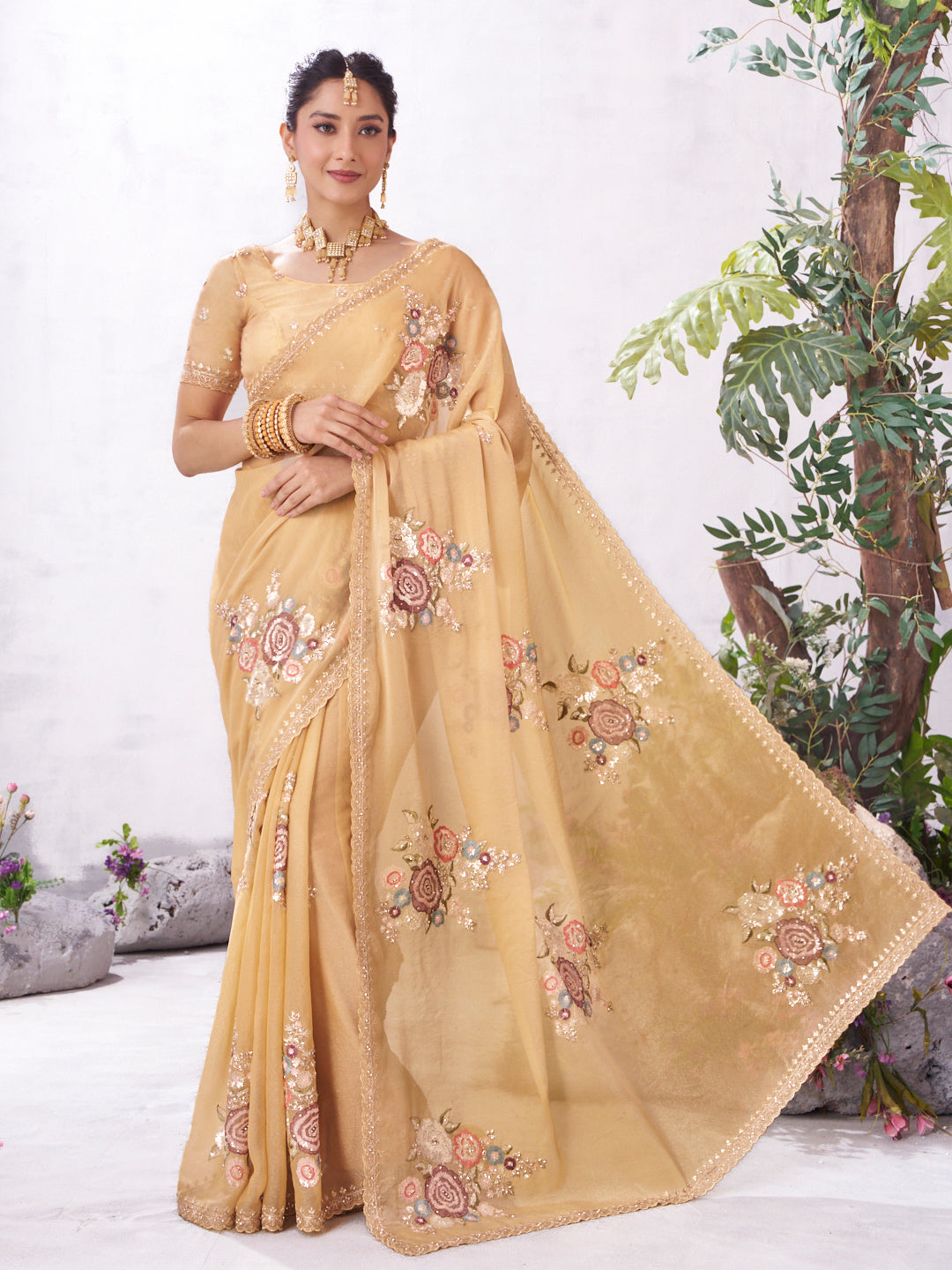 Brown floral embroidered silk saree premium style