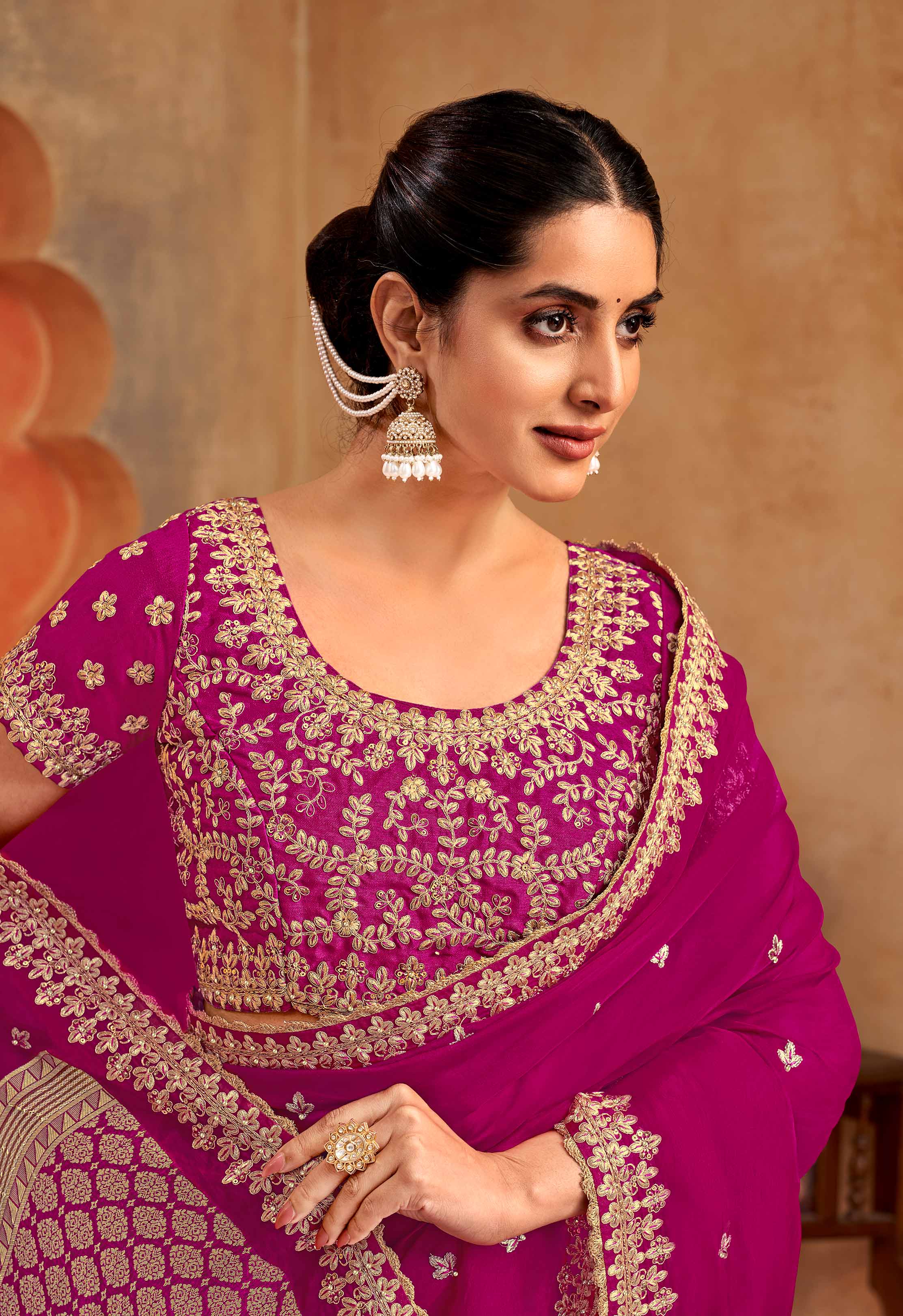 Pink floral embroidered silk blend saree festive wear