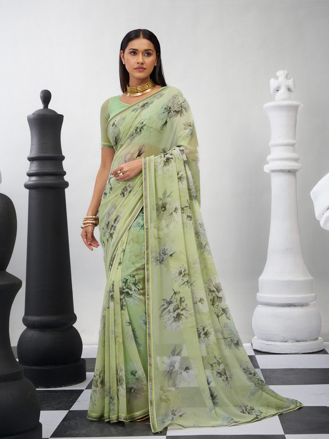 Green floral printed georgette saree elegant style