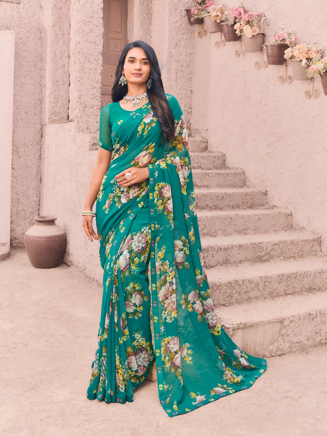 green georgette floral print saree