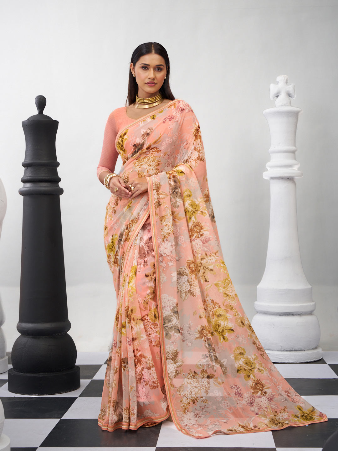 Orange floral printed georgette saree casual wear