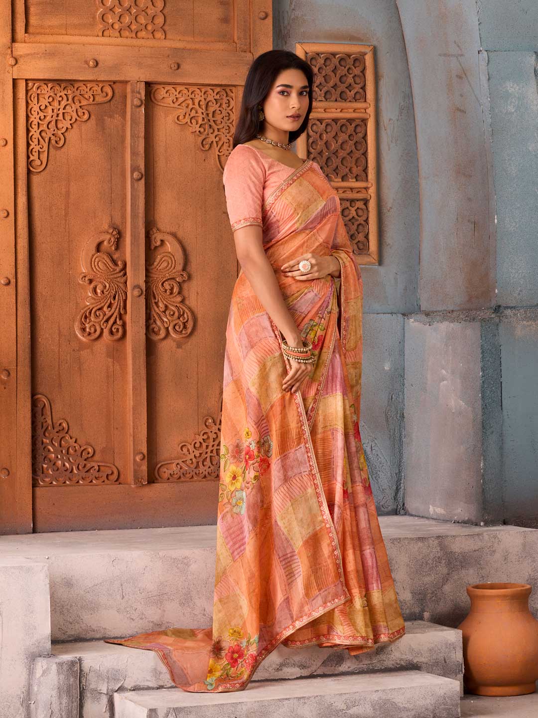 Orange checkered floral printed chiffon saree daily wear