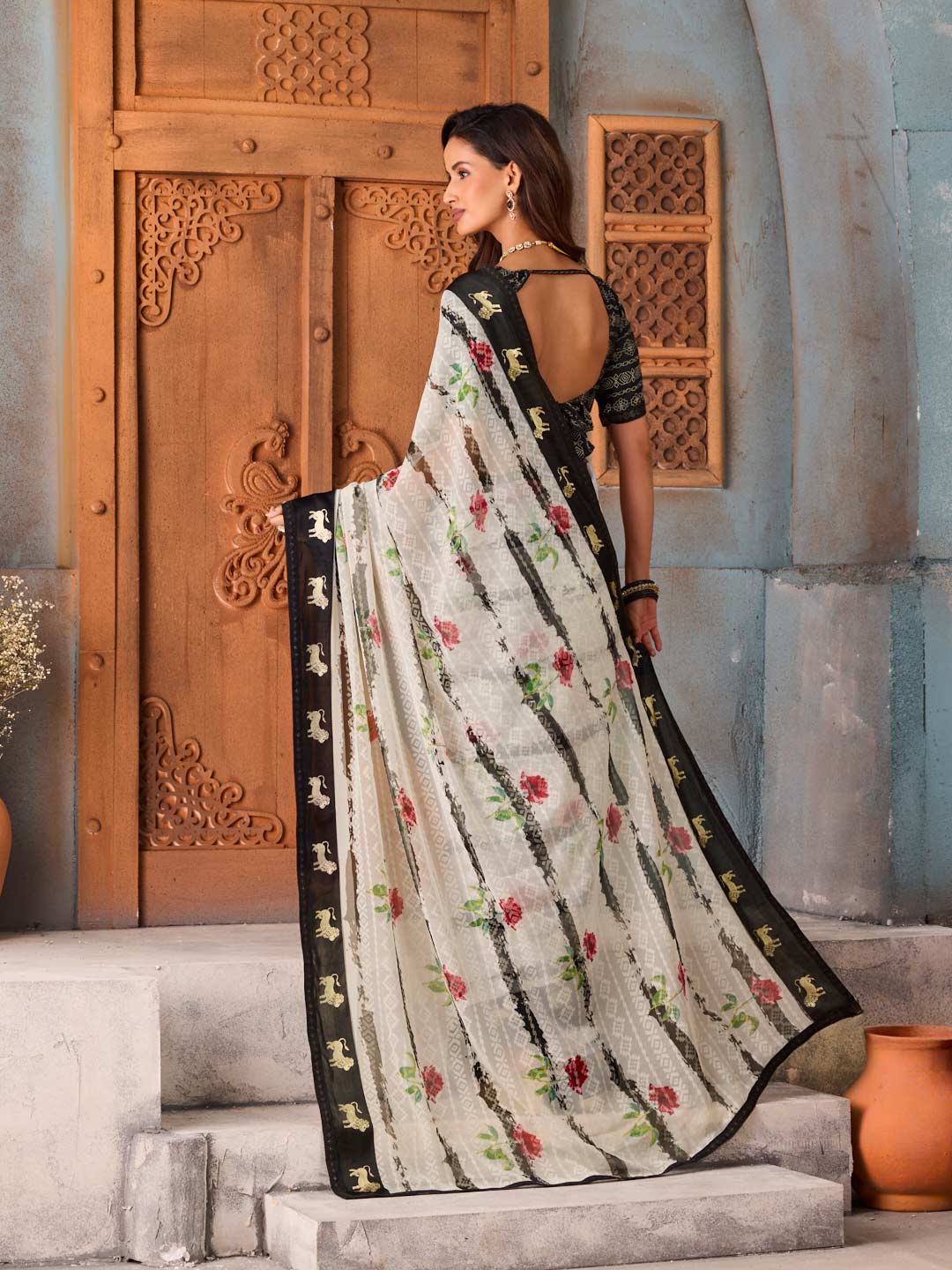 White floral printed chiffon saree casual wear