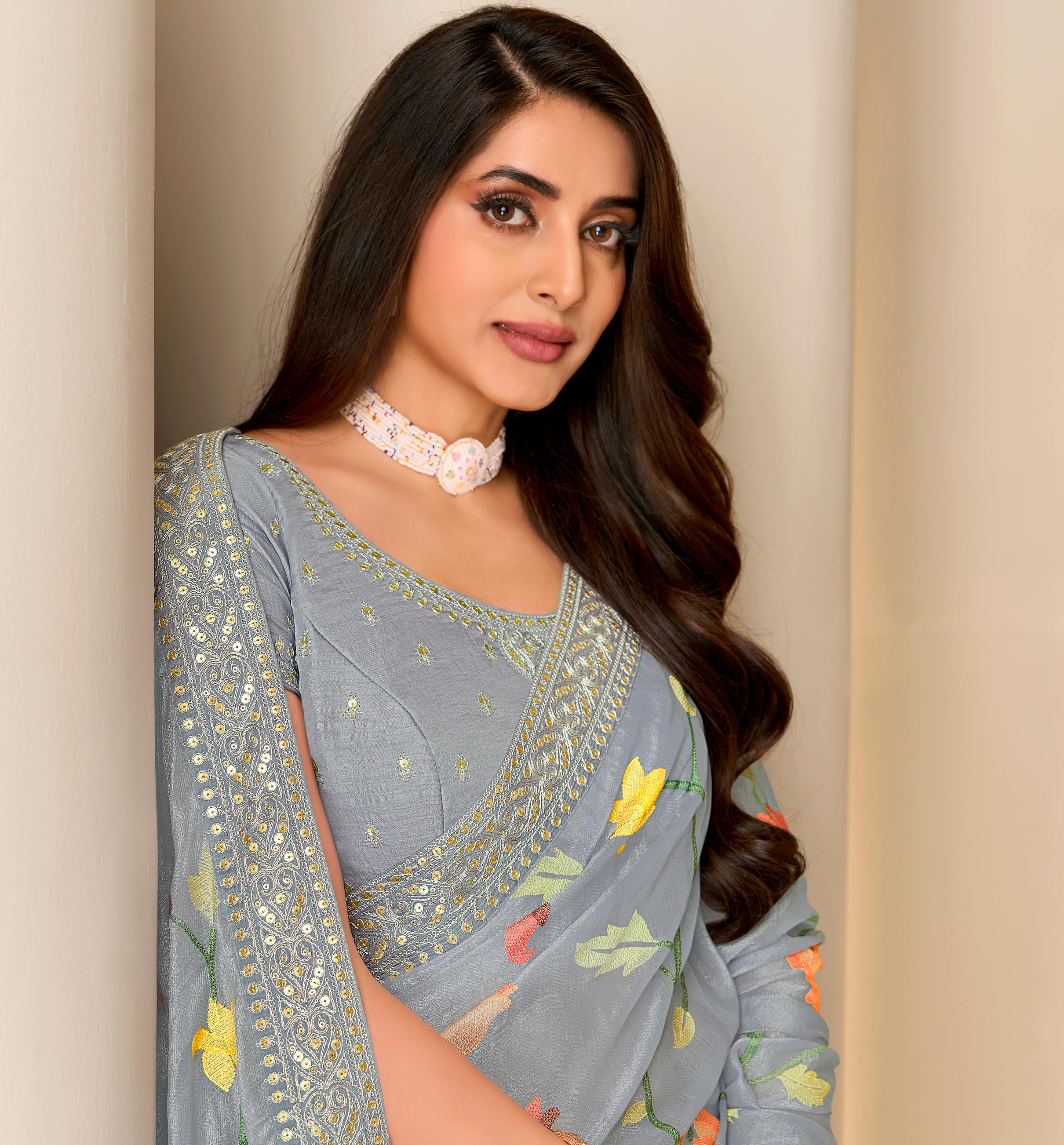 Grey embroidered silk blend saree party wear