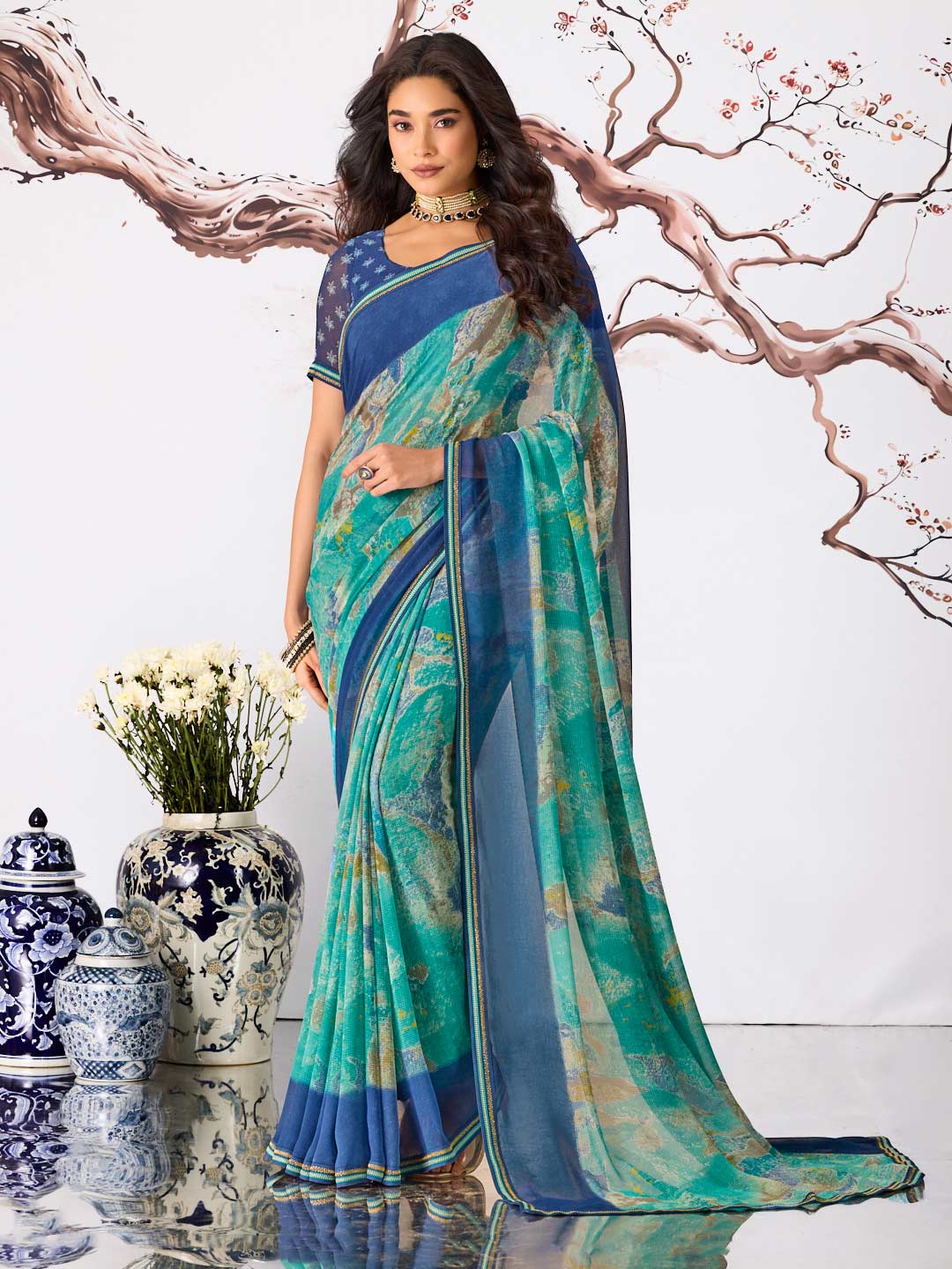 Blue abstract printed georgette saree daily wear