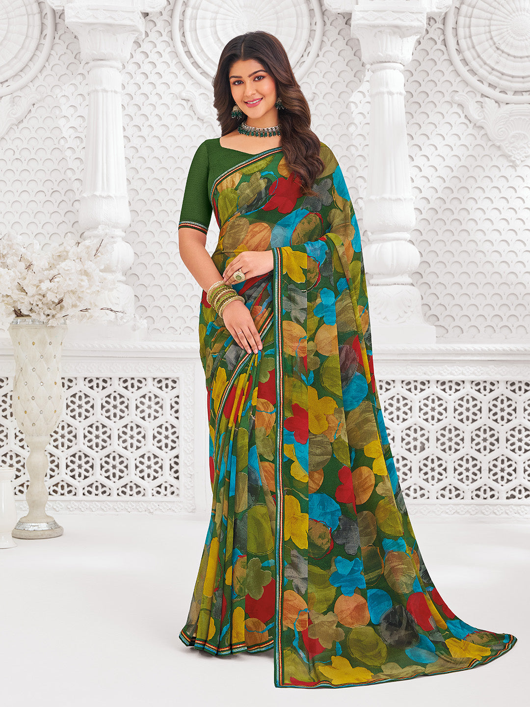 Laxmipati Kamya Green Georgette Floral Printed Saree